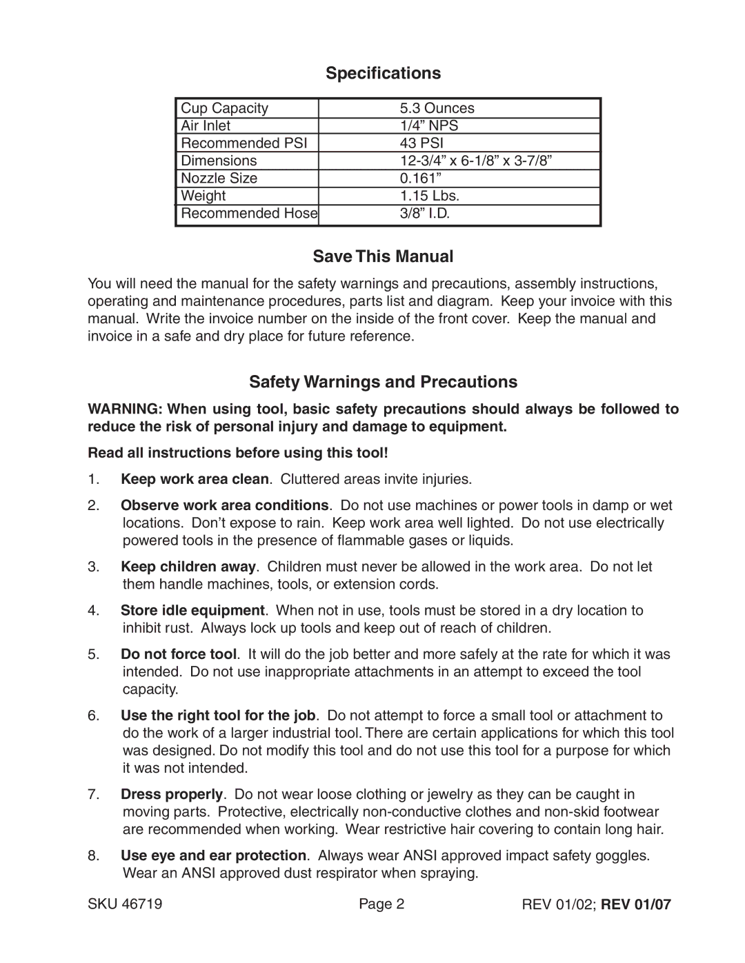 Harbor Freight Tools 46719 operating instructions Specifications, Save This Manual, Safety Warnings and Precautions 