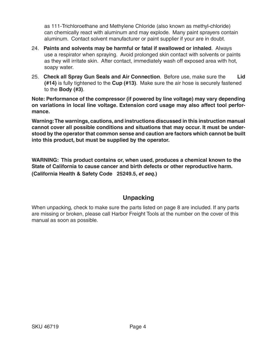 Harbor Freight Tools 46719 operating instructions Unpacking, California Health & Safety Code 25249.5, et seq 