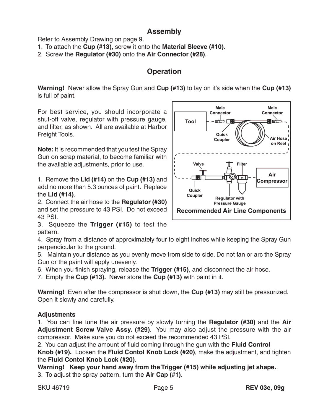 Harbor Freight Tools 46719 Assembly, Operation, Screw the Regulator #30 onto the Air Connector #28, Adjustments 