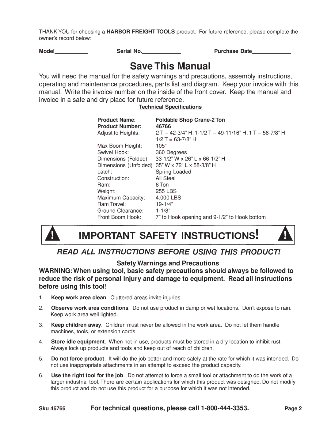 Harbor Freight Tools 46766 operating instructions Model Serial No Purchase Date, Sku 