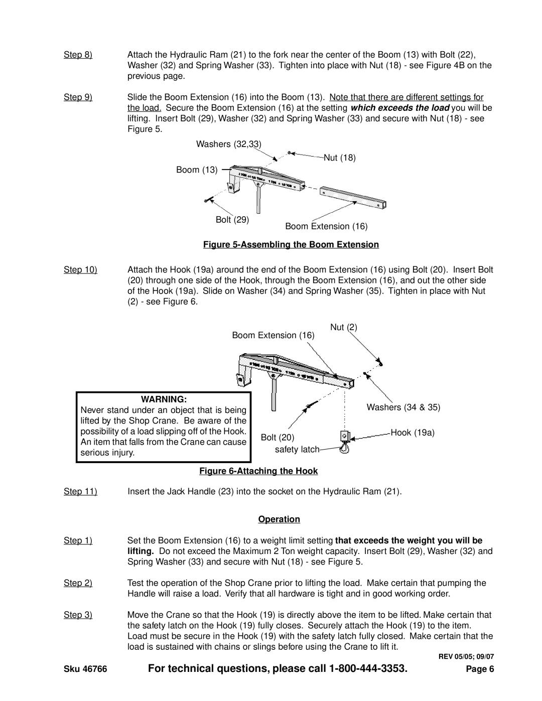 Harbor Freight Tools 46766 operating instructions Assembling the Boom Extension, Operation 