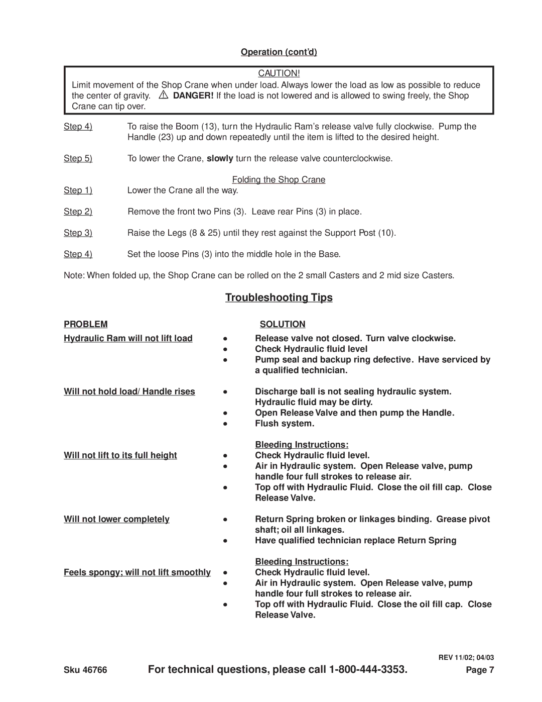 Harbor Freight Tools 46766 operating instructions Troubleshooting Tips, Operation cont’d 