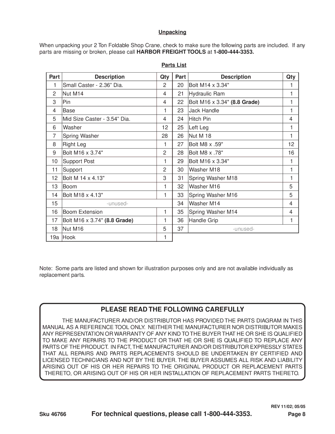 Harbor Freight Tools 46766 operating instructions Unpacking, Parts List Description Qty 