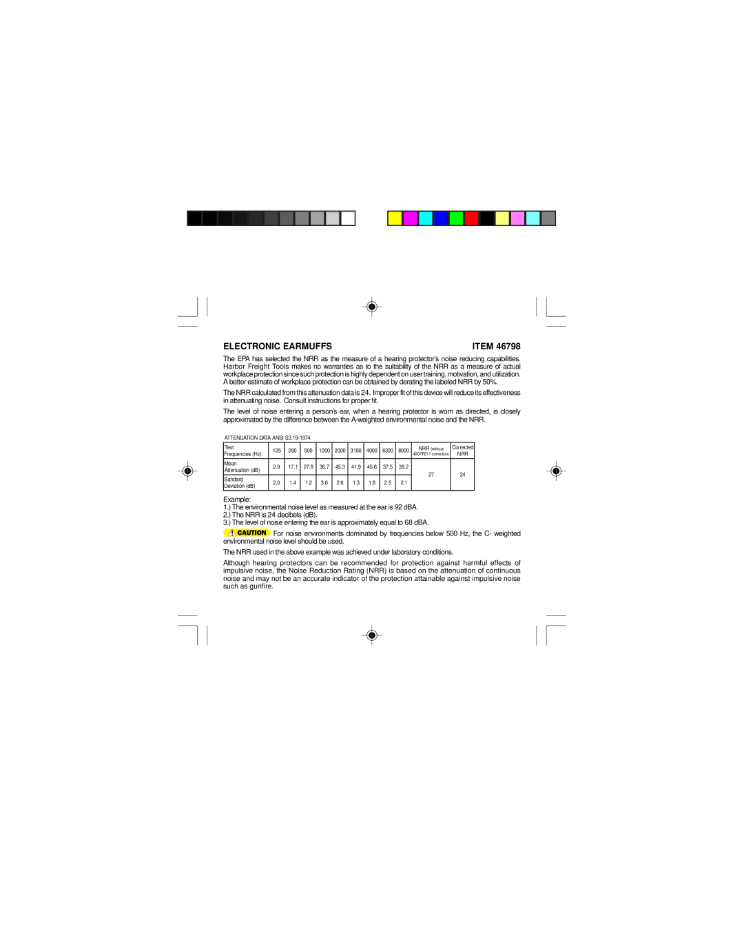 Harbor Freight Tools 46798 manual Electronic Earmuffs, Example, Attenuation Data Ansi S3.19-1974 