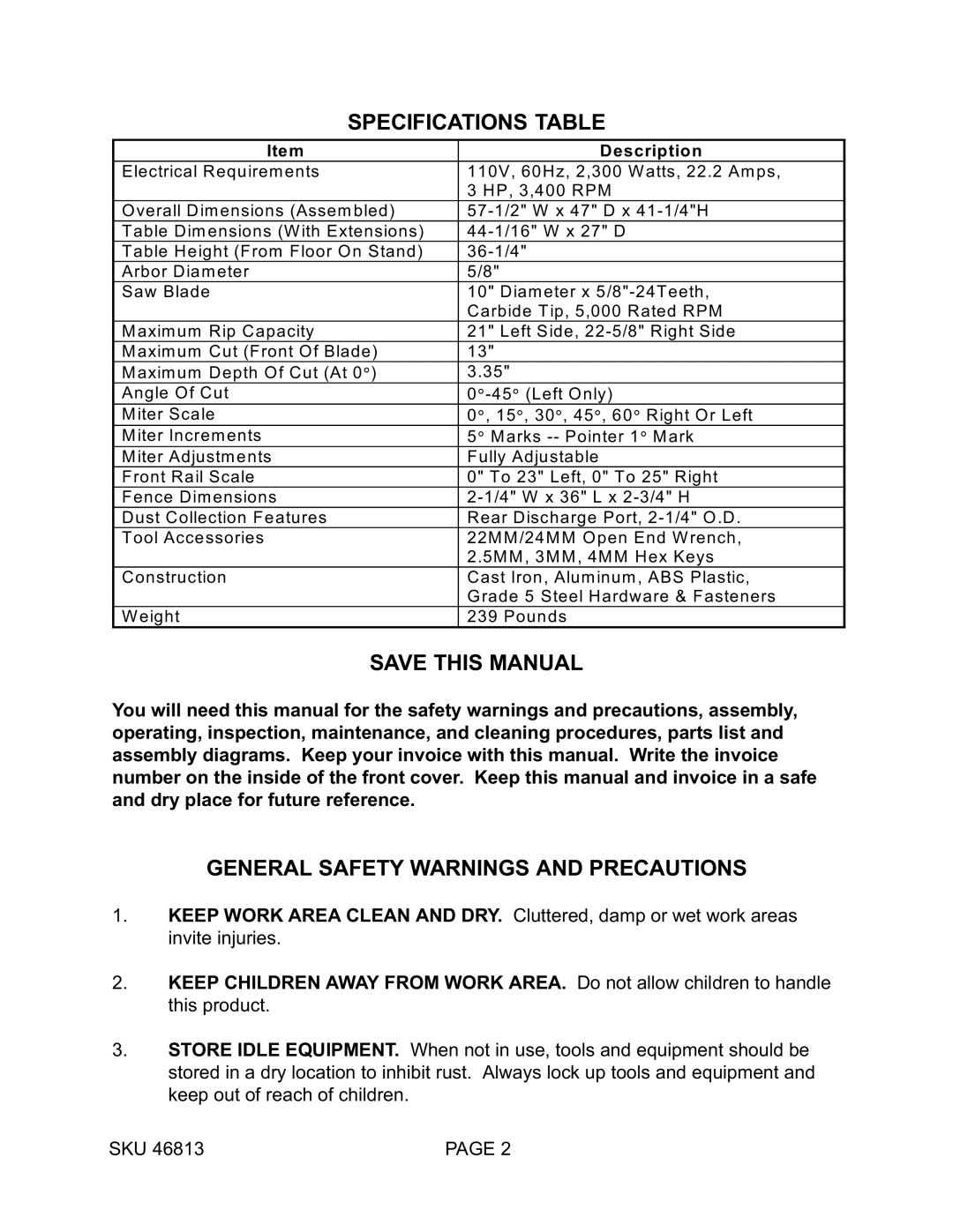 Harbor Freight Tools 46813 manual Specifications Table Save this Manual, General Safety Warnings and Precautions 