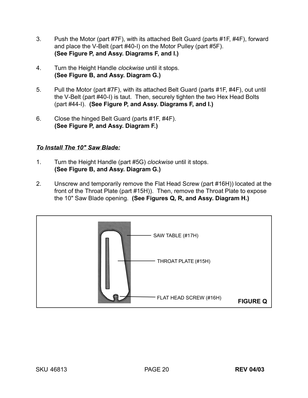 Harbor Freight Tools 46813 manual Figure Q 