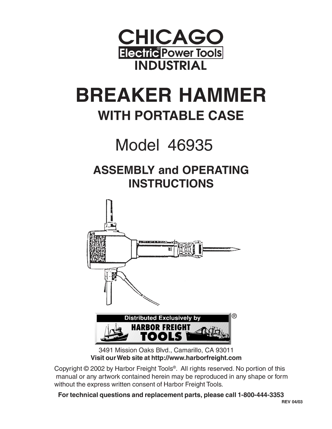 Harbor Freight Tools 46935 operating instructions Breaker Hammer 