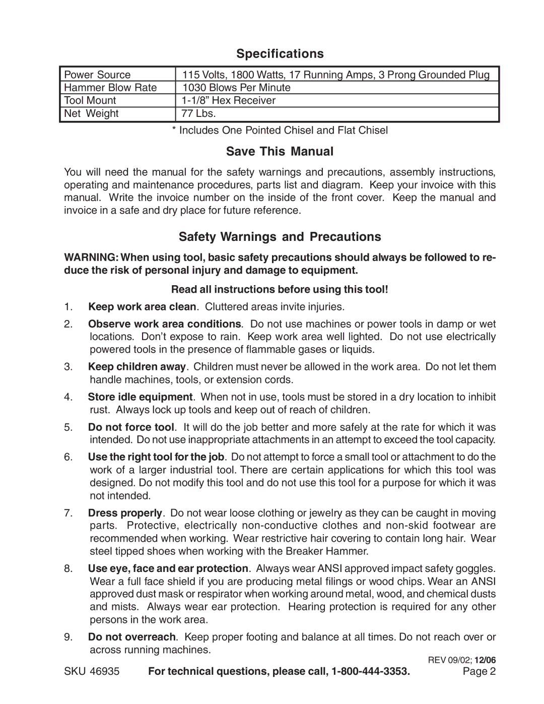 Harbor Freight Tools 46935 Specifications, Safety Warnings and Precautions, Read all instructions before using this tool 