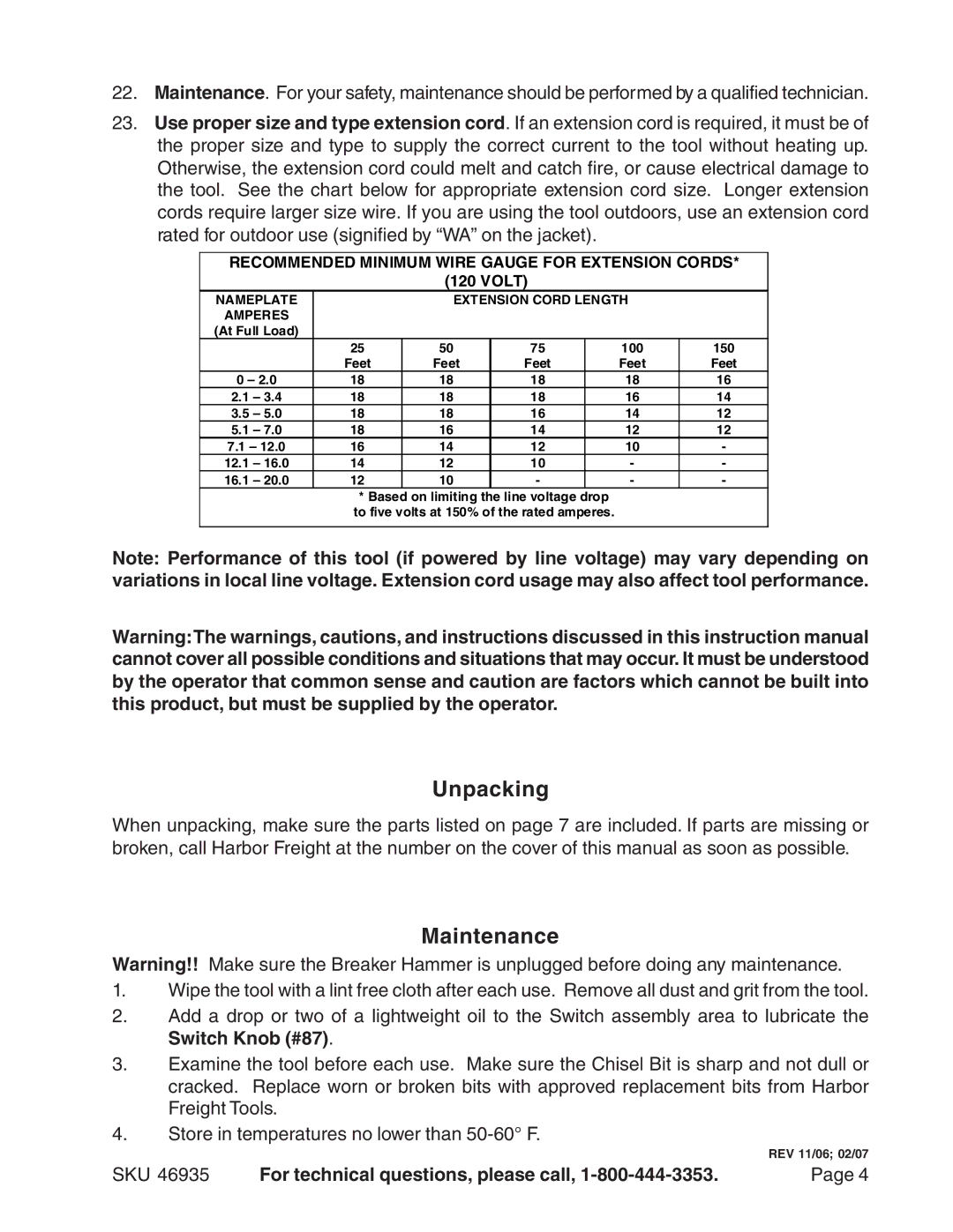 Harbor Freight Tools 46935 operating instructions Unpacking, Maintenance 