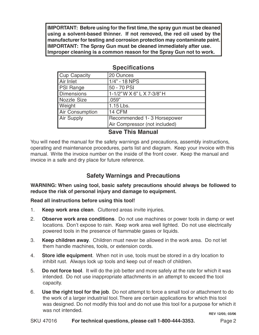 Harbor Freight Tools 47016 operating instructions Specifications, Save This Manual, Safety Warnings and Precautions 