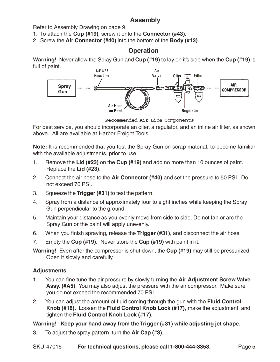 Harbor Freight Tools 47016 operating instructions Assembly, Operation, Adjustments 