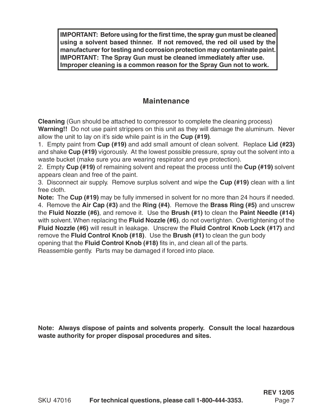 Harbor Freight Tools 47016 operating instructions Maintenance, REV 12/05 