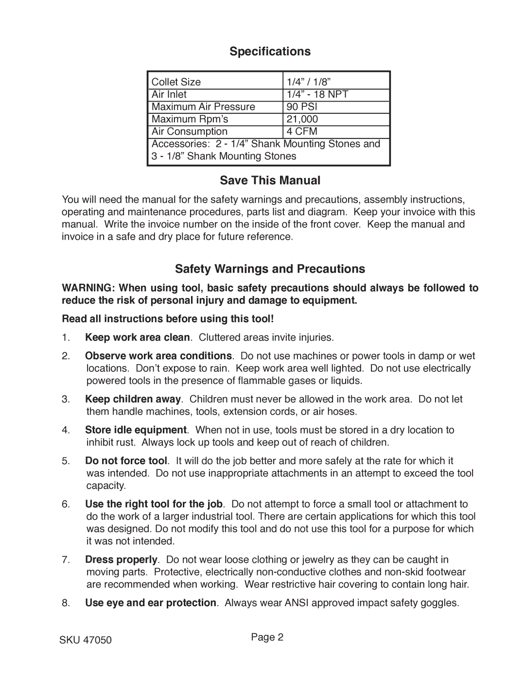 Harbor Freight Tools 47050 operating instructions Specifications, Save This Manual, Safety Warnings and Precautions 