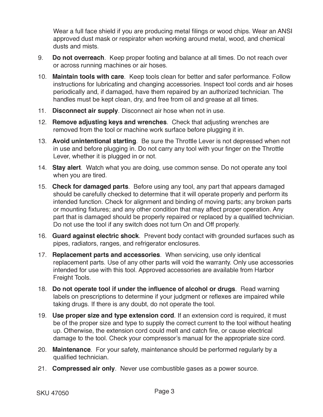 Harbor Freight Tools 47050 operating instructions 