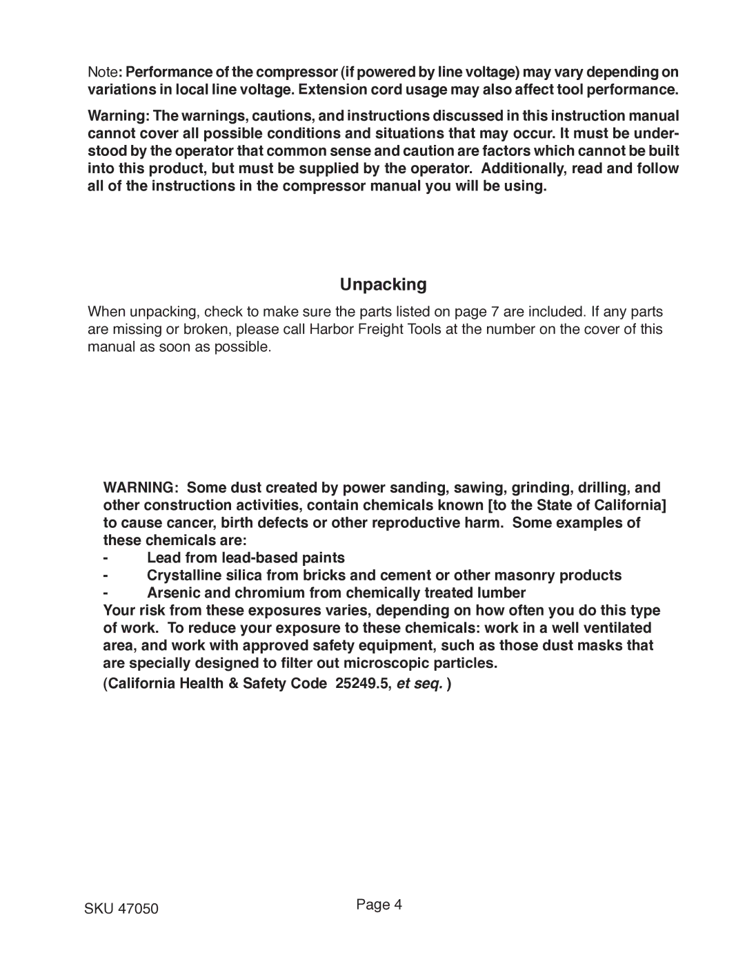 Harbor Freight Tools 47050 operating instructions Unpacking 