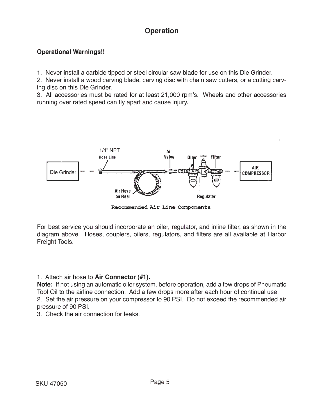 Harbor Freight Tools 47050 operating instructions Operational Warnings 