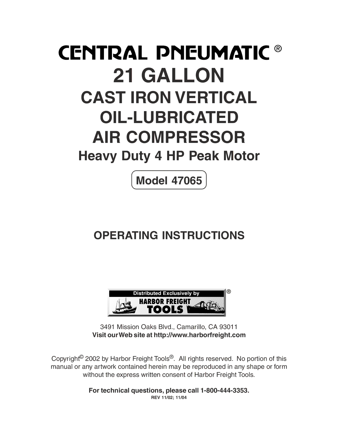 Harbor Freight Tools 47065 operating instructions Gallon, For technical questions, please call 