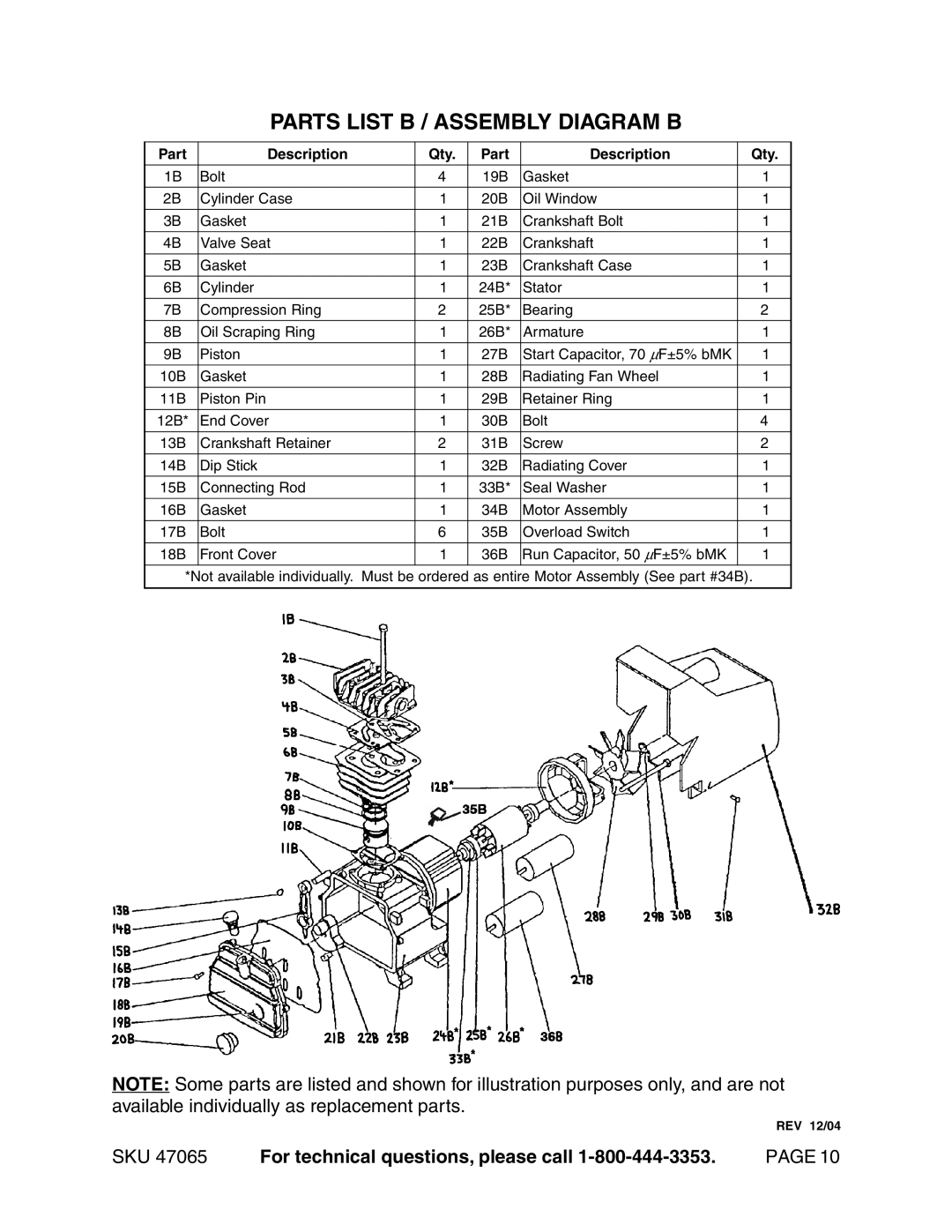 Harbor Freight Tools 47065 operating instructions Parts List B / Assembly Diagram B, Part Description Qty 