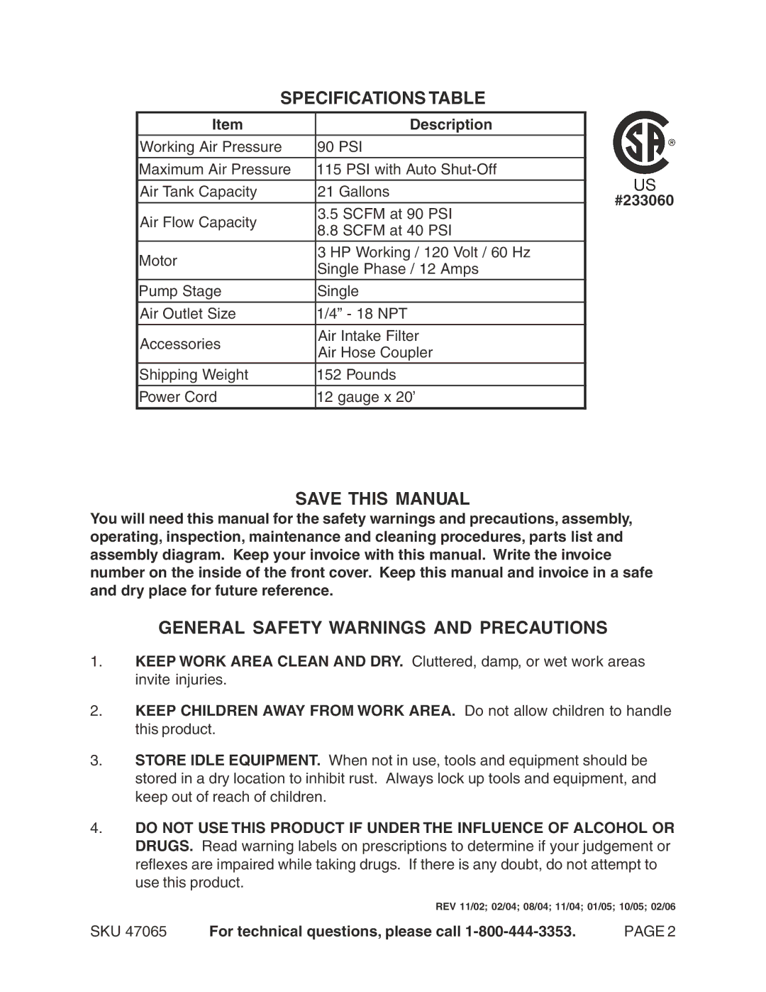 Harbor Freight Tools 47065 Specifications Table, Save this Manual, General Safety Warnings and Precautions 