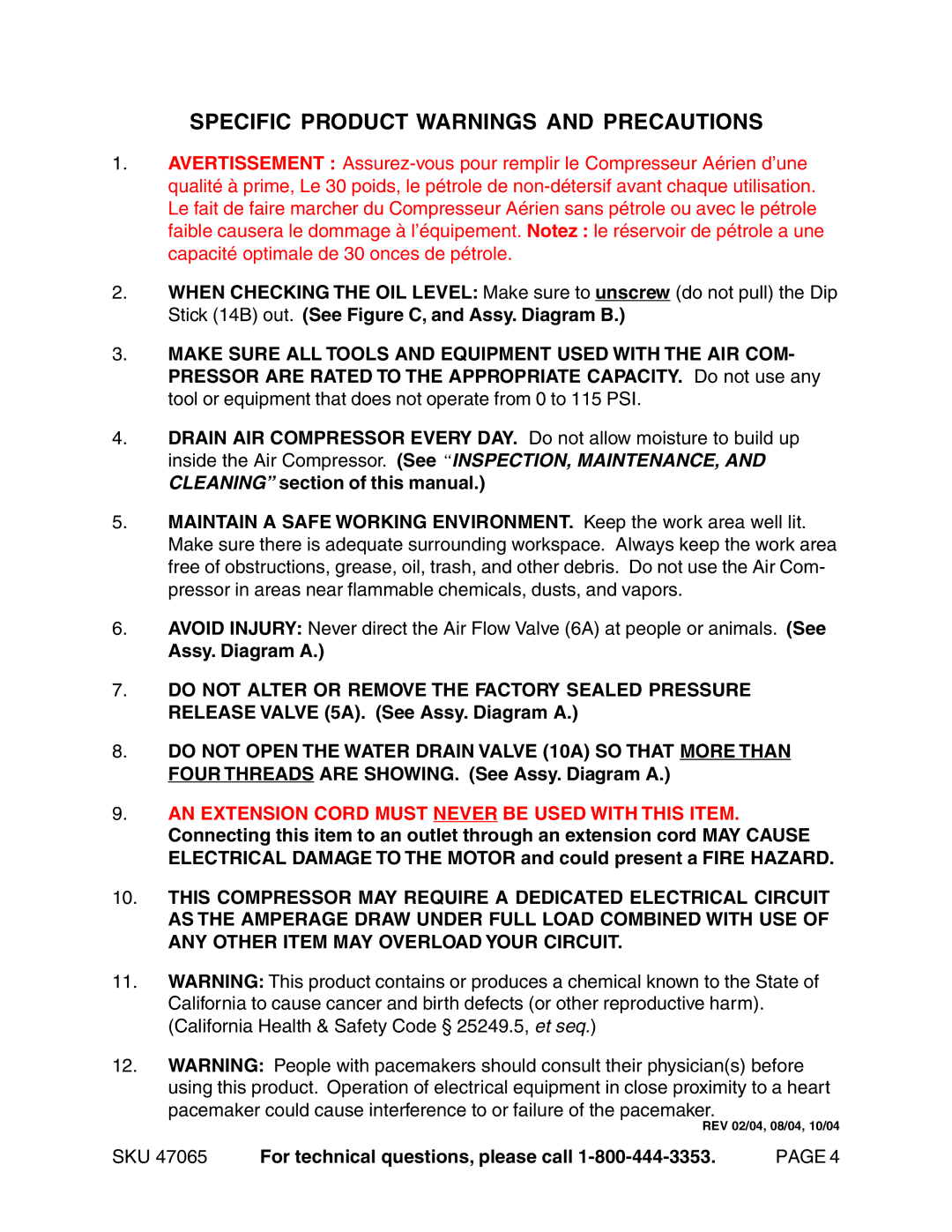 Harbor Freight Tools 47065 operating instructions Specific Product Warnings and Precautions 