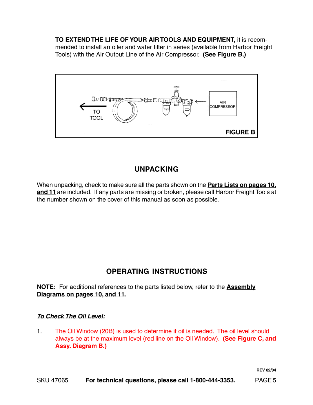 Harbor Freight Tools 47065 Unpacking, Operating Instructions, Diagrams on pages 10, To Check The Oil Level 