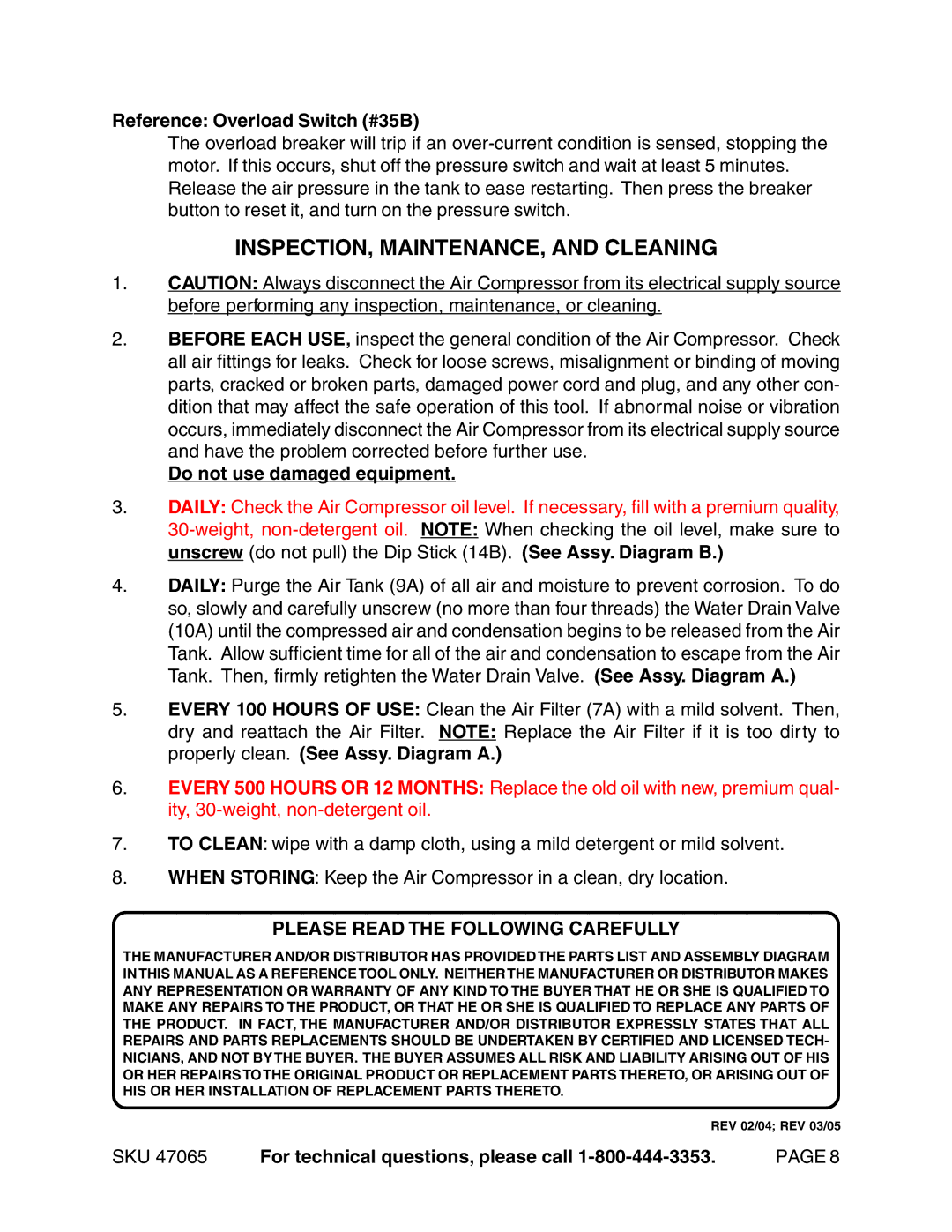 Harbor Freight Tools 47065 operating instructions INSPECTION, MAINTENANCE, and Cleaning, Reference Overload Switch #35B 