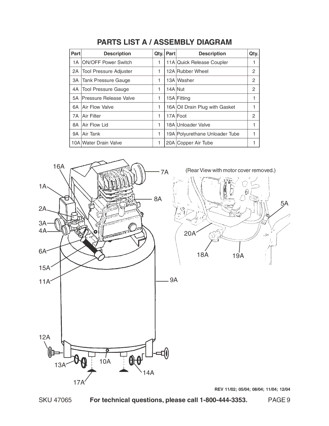 Harbor Freight Tools 47065 operating instructions Parts List a / Assembly Diagram, Part Description Qty 