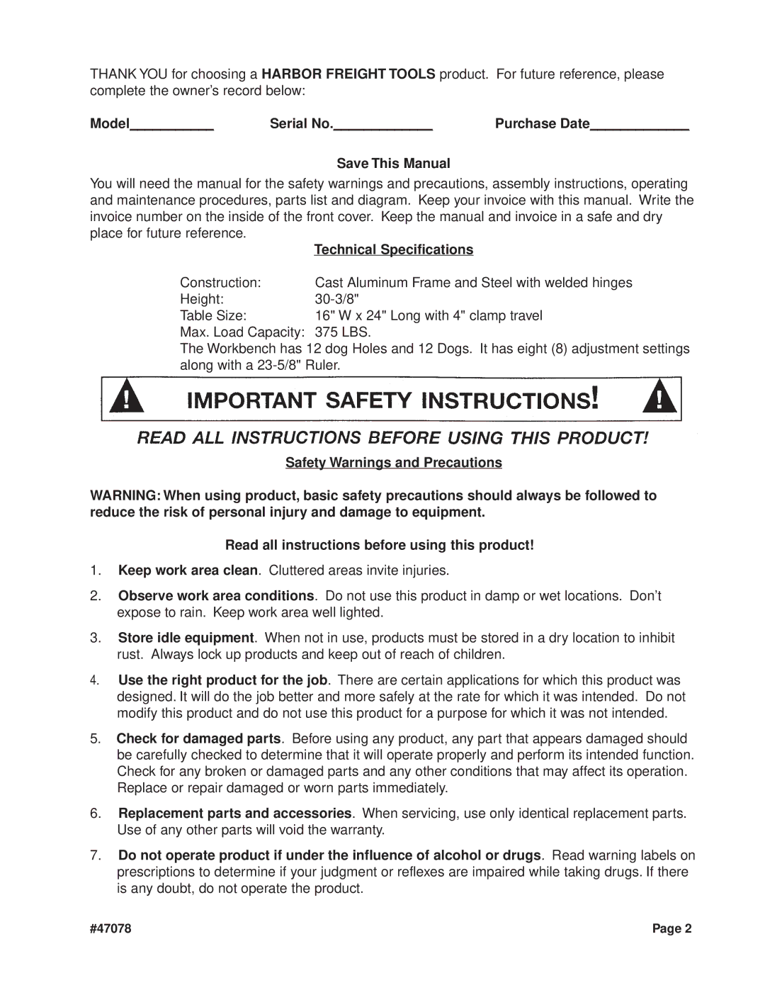 Harbor Freight Tools 47078 operating instructions Model Serial No, Save This Manual, Technical Specifications 