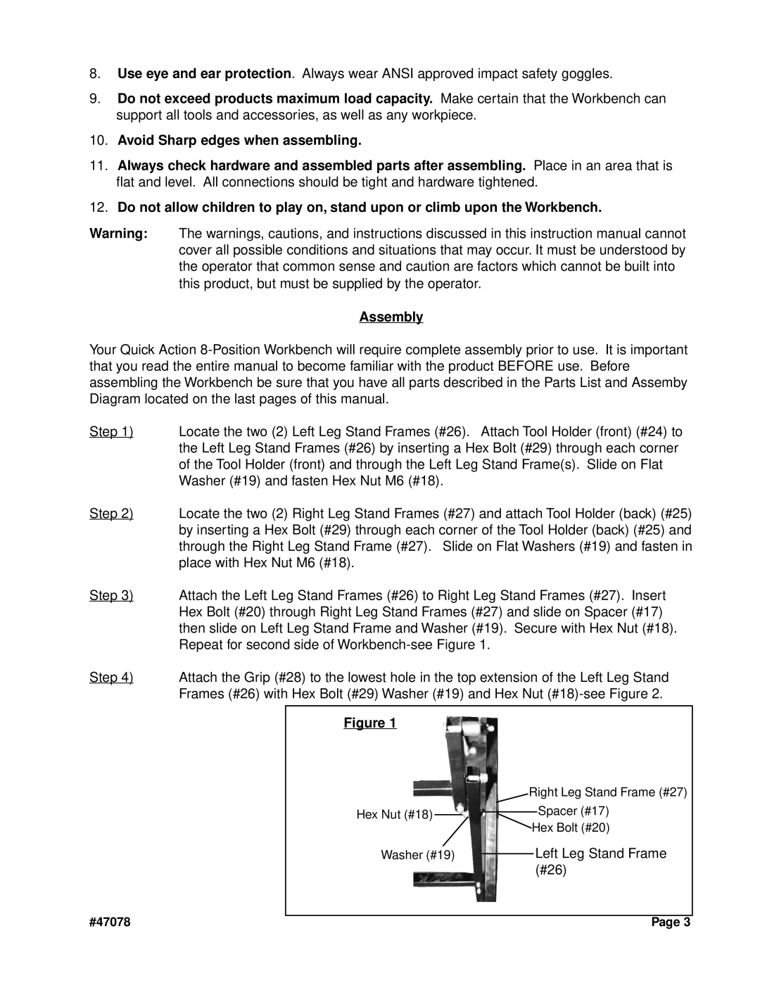 Harbor Freight Tools 47078 operating instructions Avoid Sharp edges when assembling, #26 