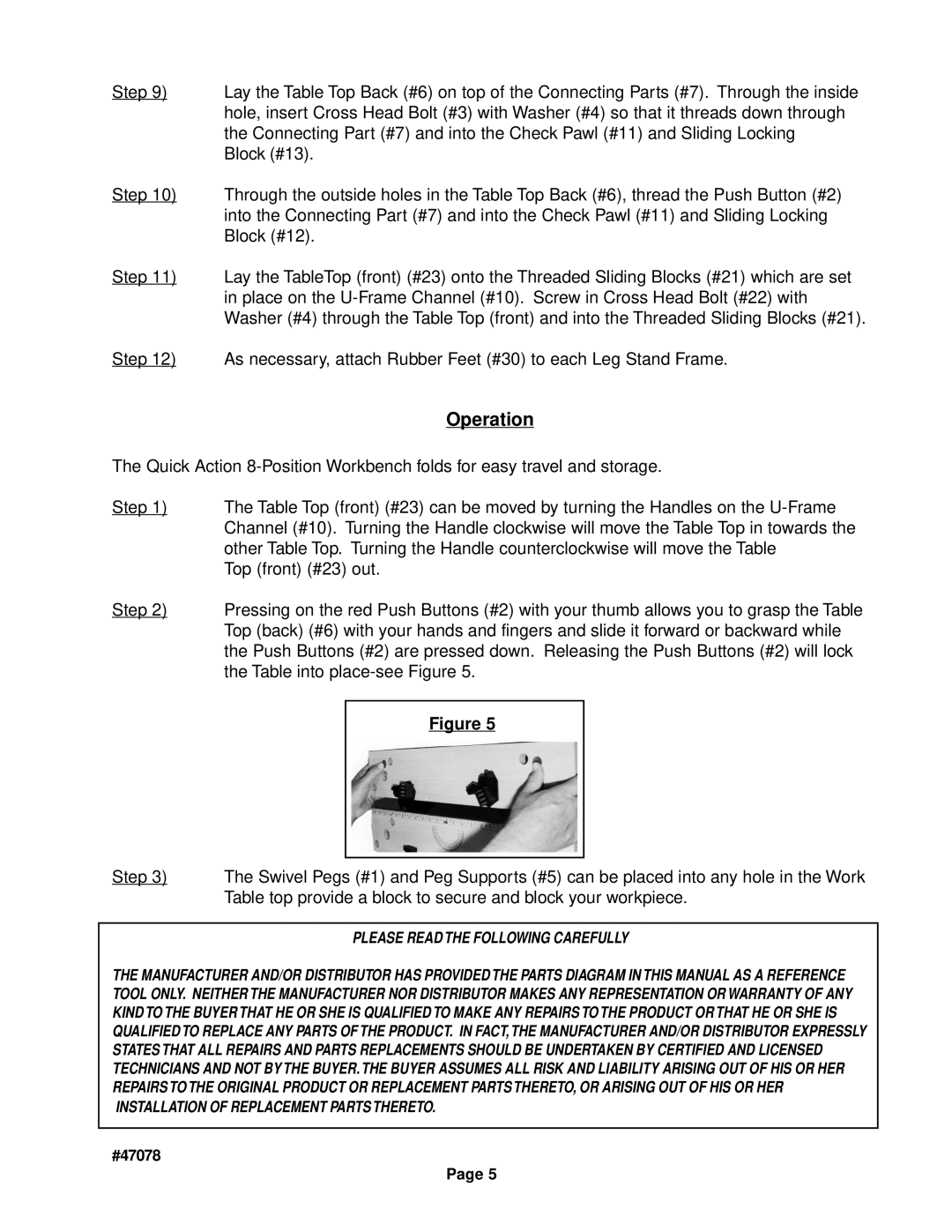 Harbor Freight Tools 47078 operating instructions Operation 