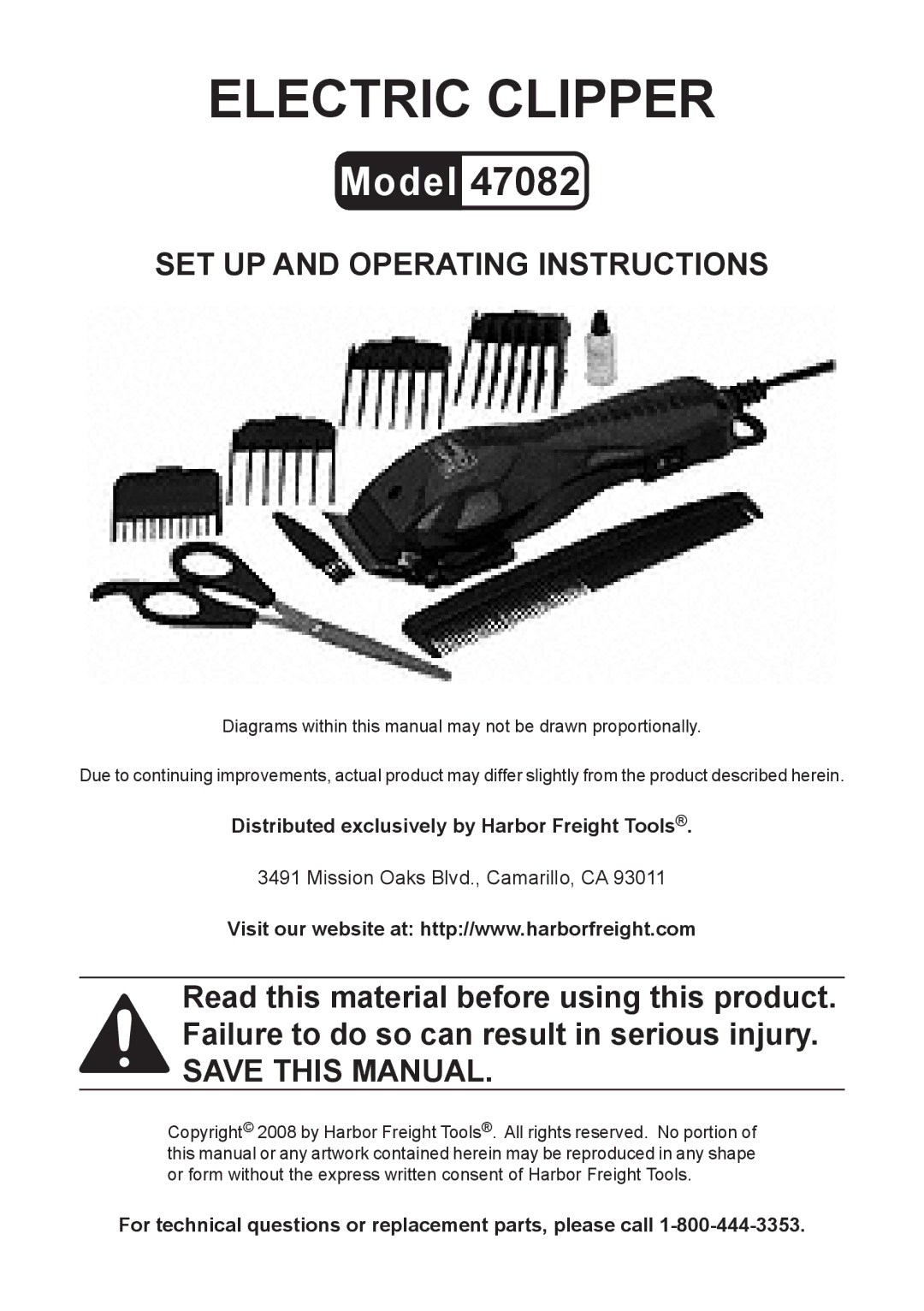 Harbor Freight Tools 47082 operating instructions Electric Clipper 