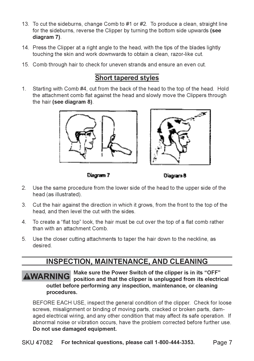 Harbor Freight Tools 47082 operating instructions INSPECTION, MAINTENANCE, and Cleaning, Short tapered styles 