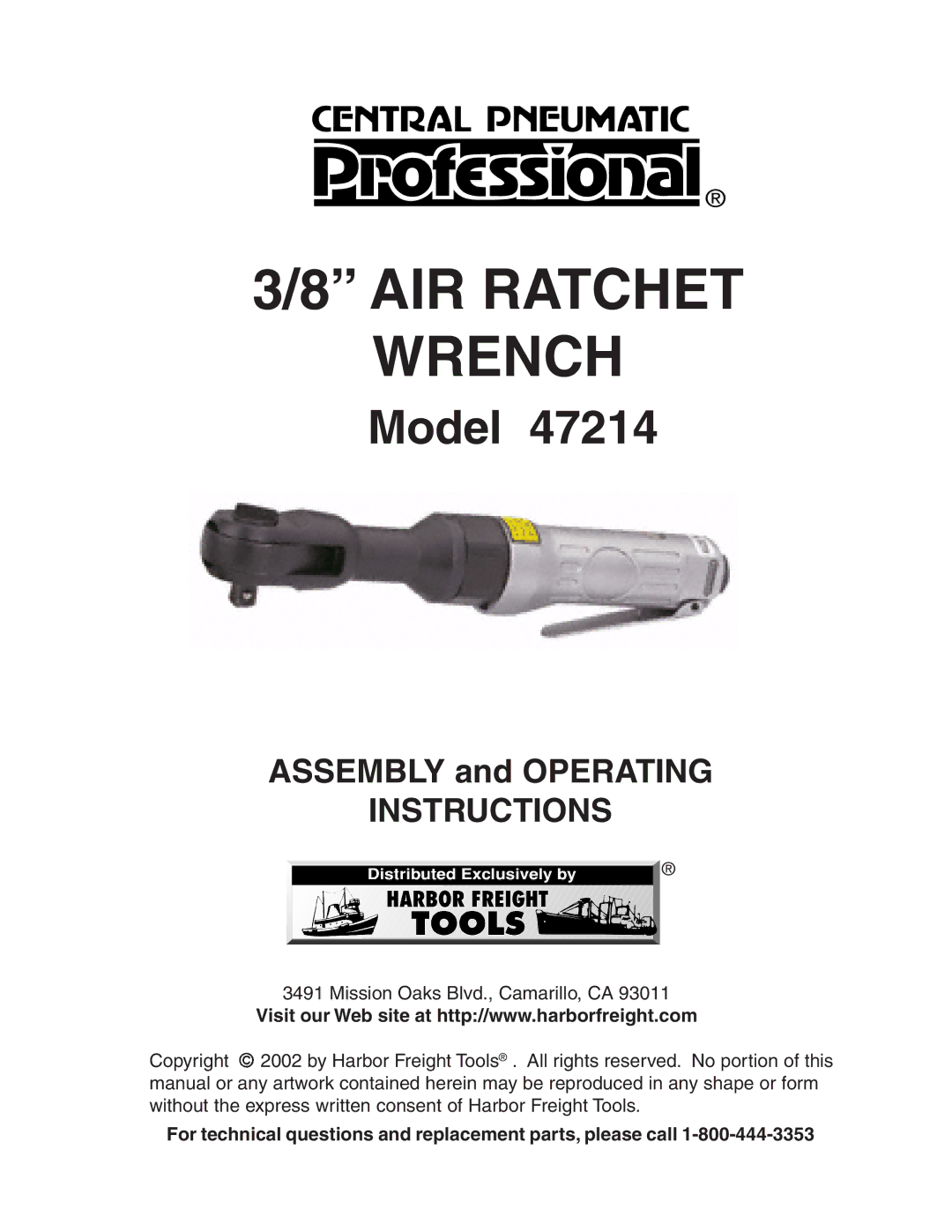 Harbor Freight Tools 47214 operating instructions AIR Ratchet Wrench 