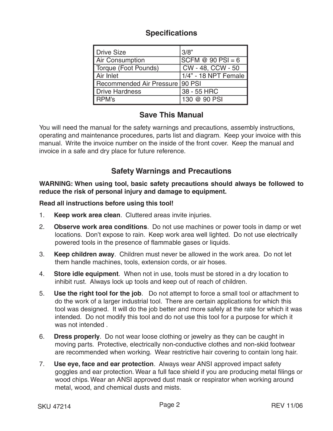 Harbor Freight Tools 47214 operating instructions Specifications, Save This Manual, Safety Warnings and Precautions 