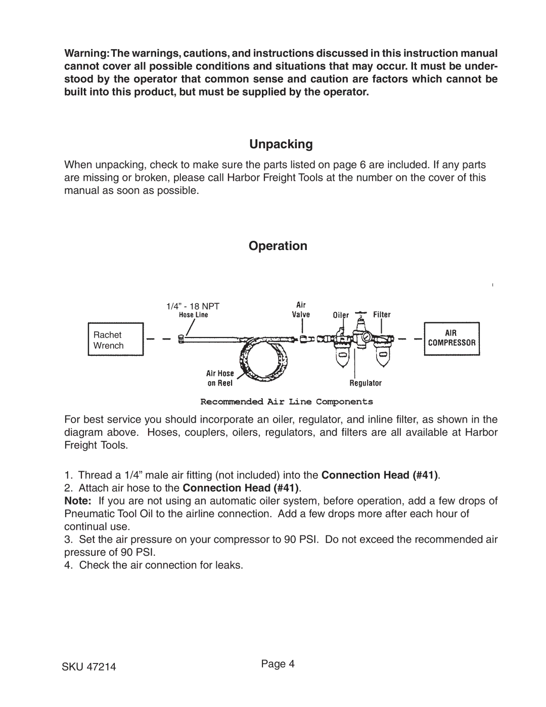 Harbor Freight Tools 47214 operating instructions Unpacking, Operation 