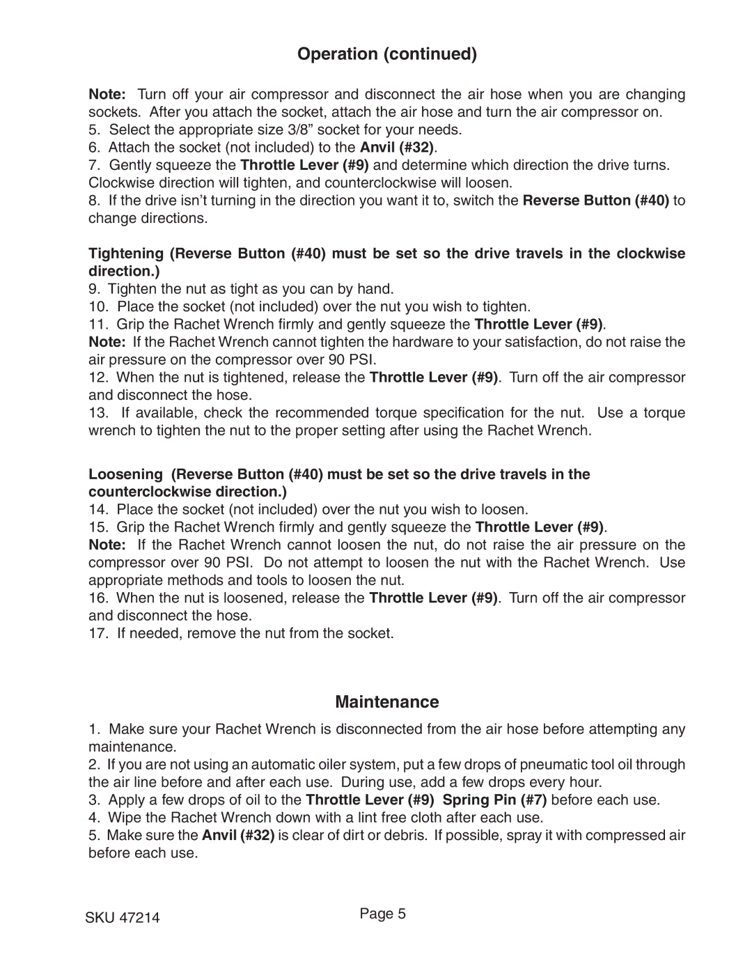 Harbor Freight Tools 47214 operating instructions Maintenance 