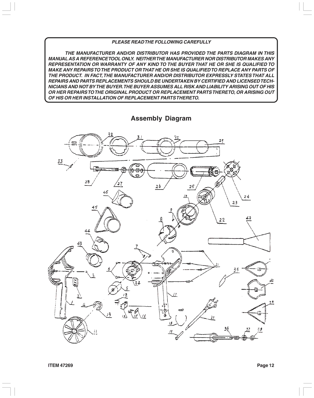 Harbor Freight Tools 47269 operating instructions Assembly Diagram, Please Readthe Following Carefully 