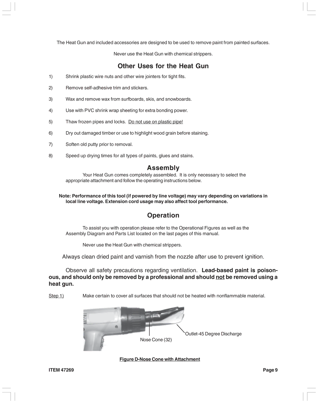 Harbor Freight Tools 47269 operating instructions Other Uses for the Heat Gun, Assembly, Operation 