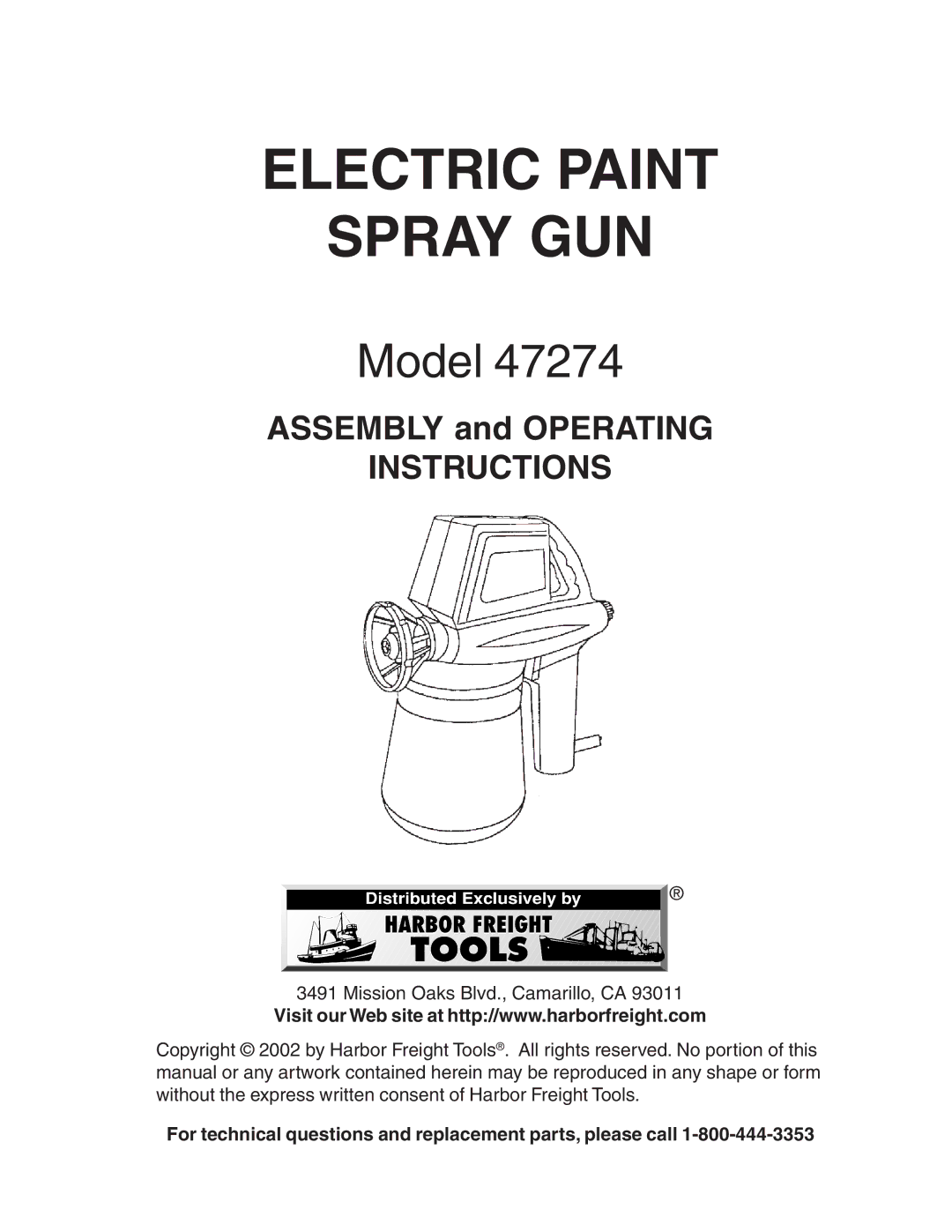 Harbor Freight Tools 47274 operating instructions Electric Paint Spray GUN 