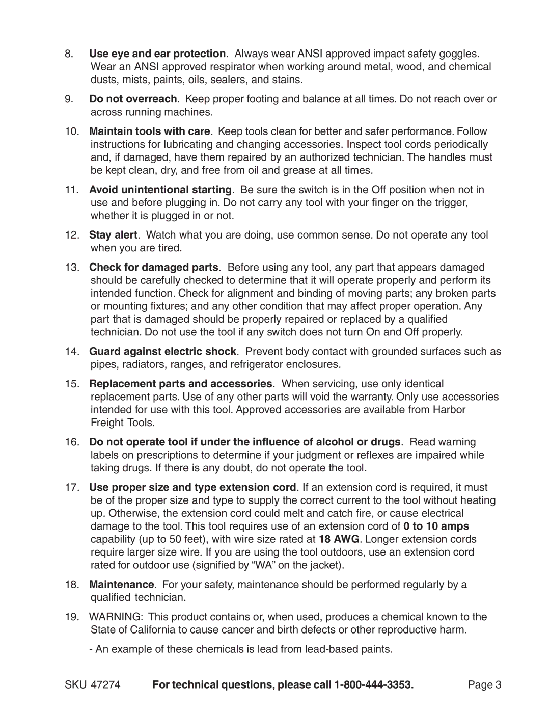 Harbor Freight Tools 47274 operating instructions SKU For technical questions, please call 