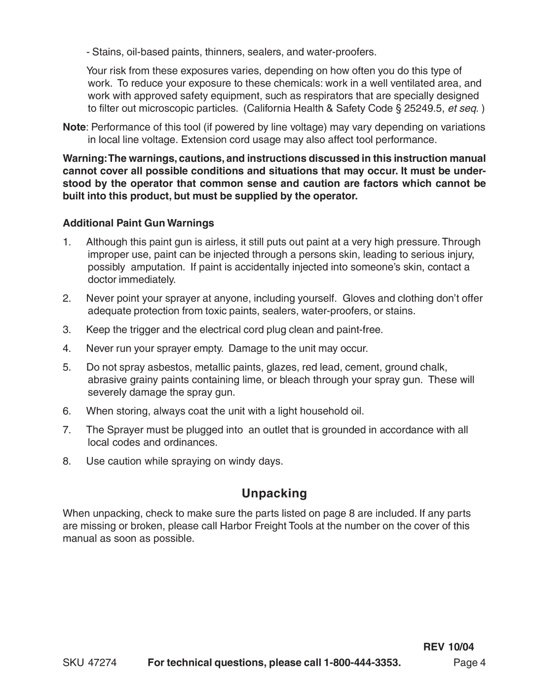 Harbor Freight Tools 47274 Unpacking, Additional Paint Gun Warnings, REV 10/04 SKU For technical questions, please call 