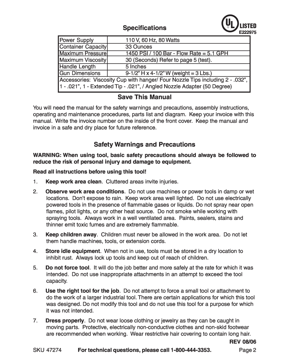 Harbor Freight Tools 47274 Specifications, Save This Manual, Safety Warnings and Precautions, REV 08/06 