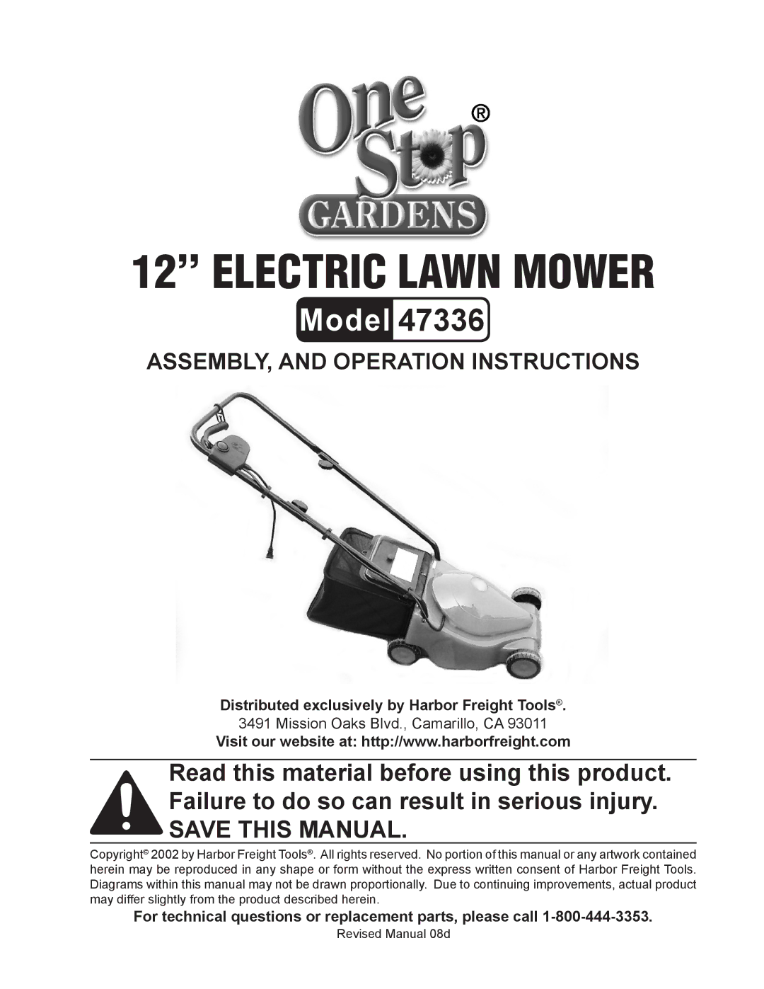 Harbor Freight Tools 47336 manual 12’’ Electric Lawn Mower 