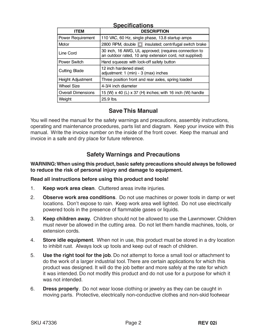 Harbor Freight Tools 47336 manual Specifications, Save This Manual, Safety Warnings and Precautions, Rev 