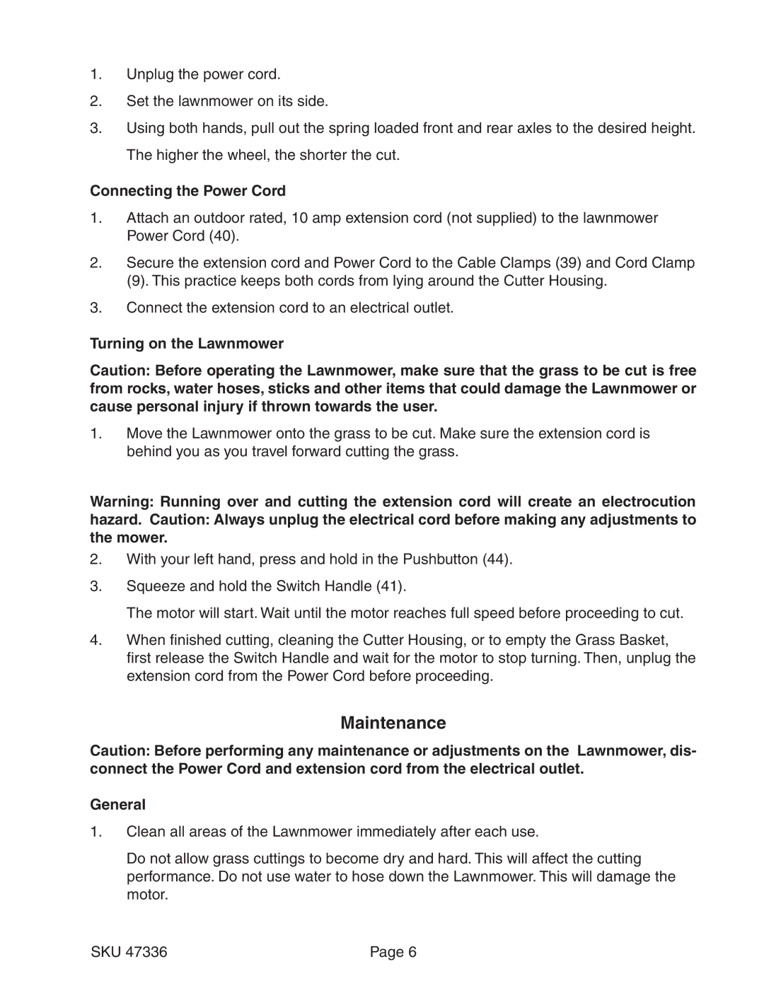 Harbor Freight Tools 47336 manual Maintenance, Connecting the Power Cord, Turning on the Lawnmower, General 