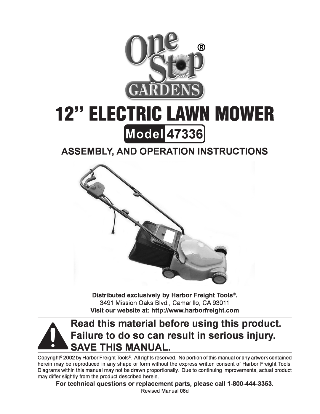 Harbor Freight Tools 47336 manual 12’’ ELECTRIC LAWN MOWER, Assembly, And Operation Instructions 