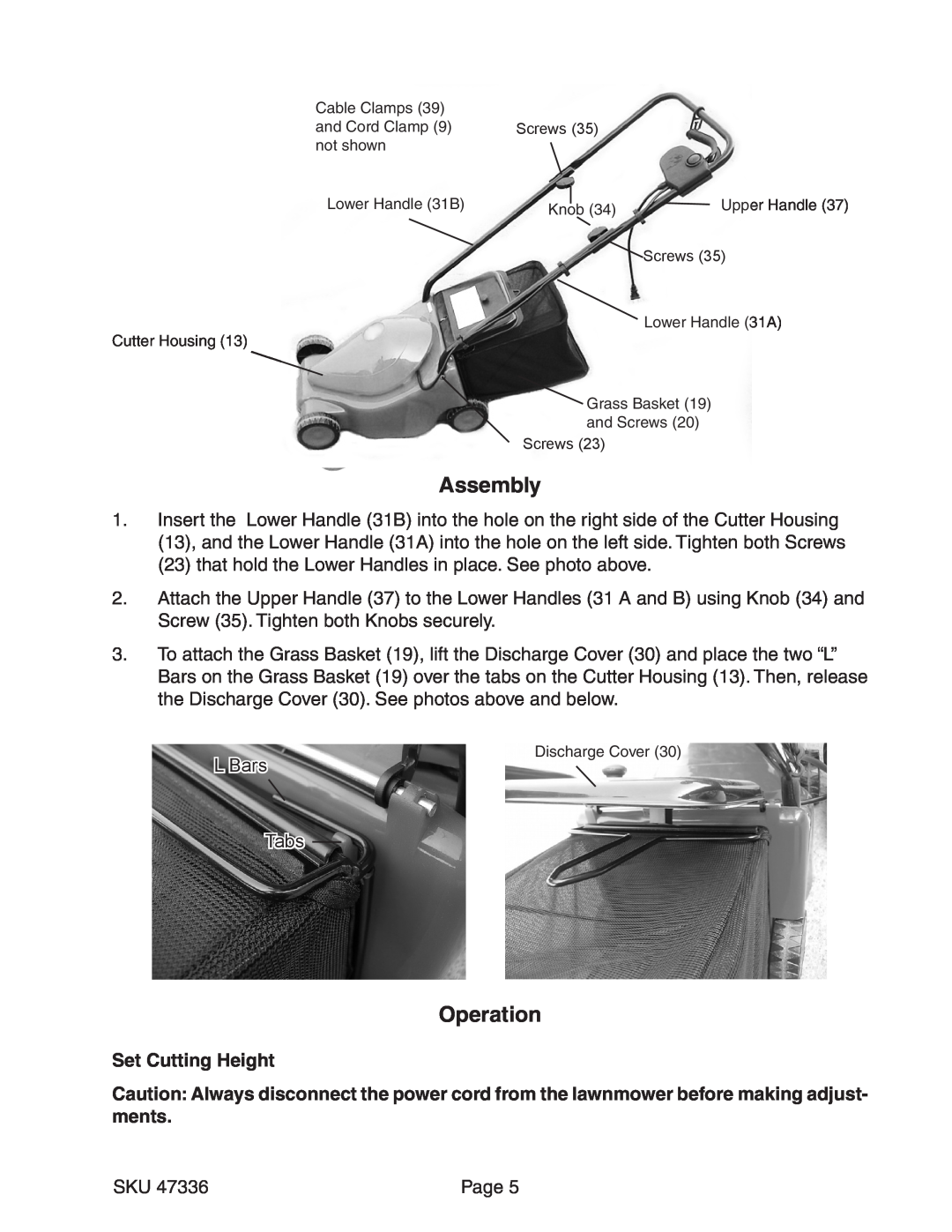 Harbor Freight Tools 47336 manual Assembly, Operation, Set Cutting Height 