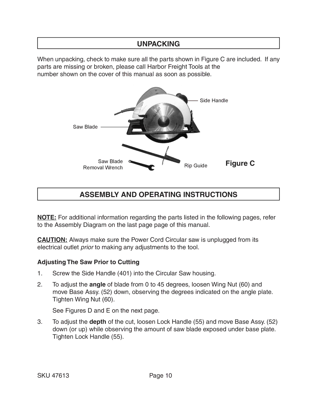 Harbor Freight Tools 47613 Unpacking, Assembly and Operating Instructions, Adjusting The Saw Prior to Cutting 