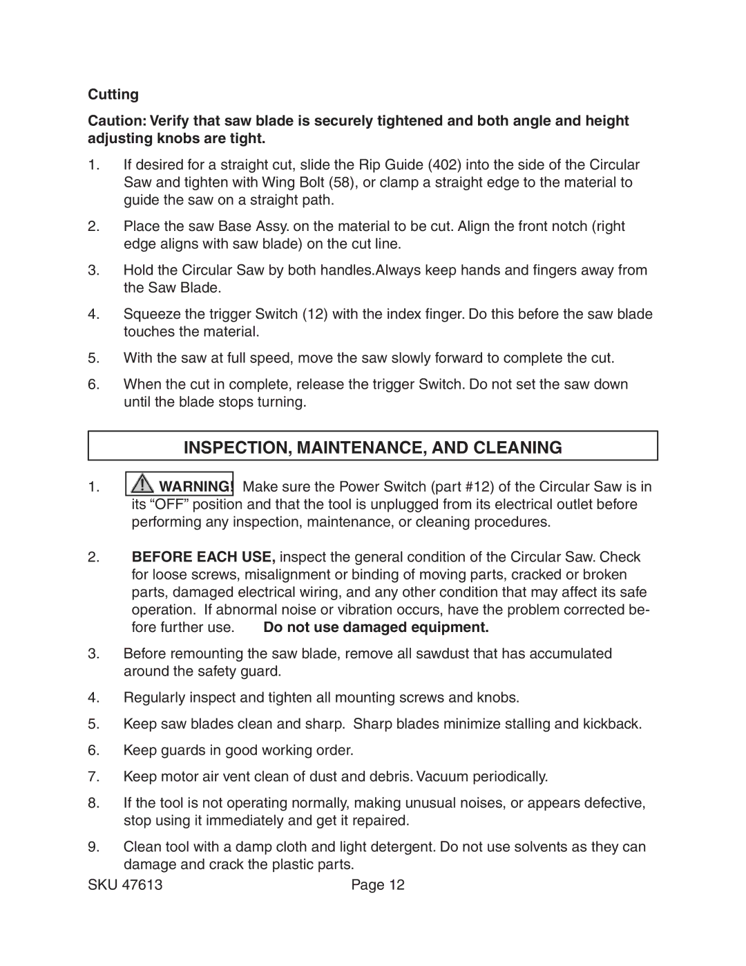 Harbor Freight Tools 47613 operating instructions INSPECTION, MAINTENANCE, and Cleaning, Cutting 