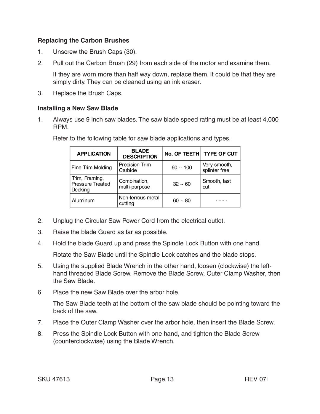 Harbor Freight Tools 47613 operating instructions Replacing the Carbon Brushes, Installing a New Saw Blade 